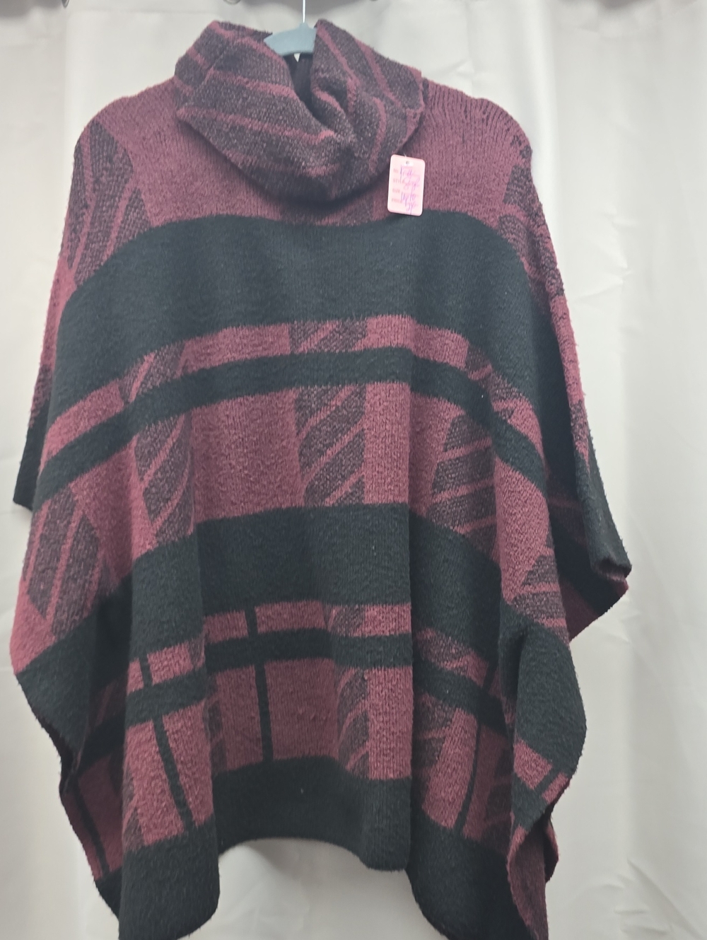 Zoe & Pheobe Cowl Neck Burgundy & Black Knit Poncho Oversized Med.